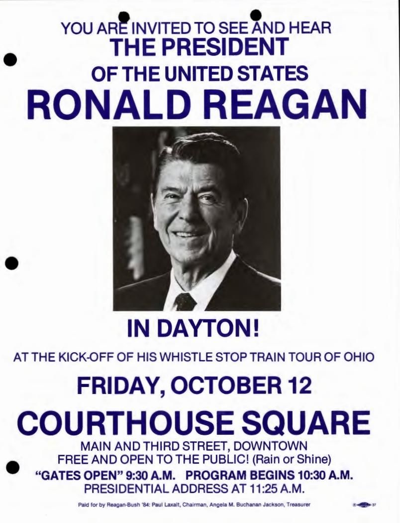 Page 25, Poster announcing of President's first stop in Dayton, Ohio on 10/05/1984, from Advance, Office of Presidential: Records, Box OA 1663, Folder Title: 10/12/1984 – Ohio (2)