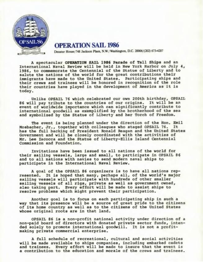 Operation Sail 1986 Appointments and Scheduling, Office of: Records OA 18341 Statue of Liberty Centennial [Operation Sail 1986 (Large Packet)] (1 of 3)