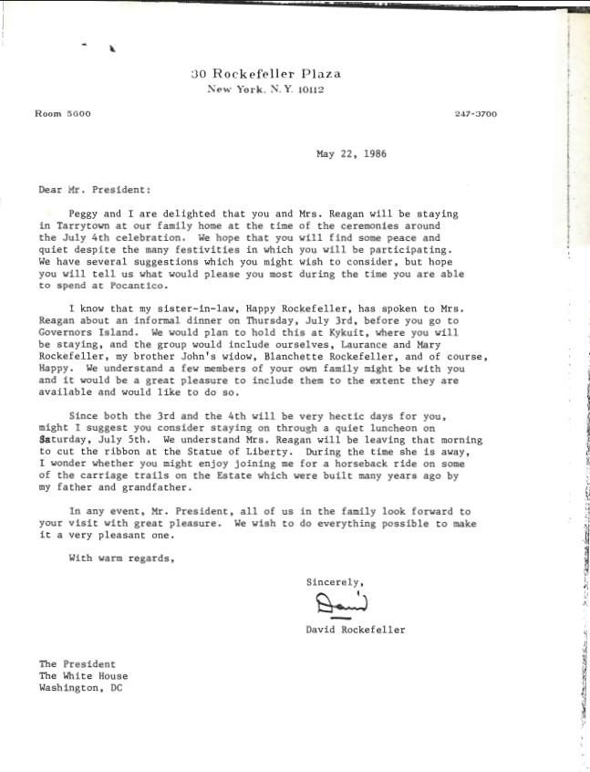 Letter, From: David Rockefeller To: The President Dated: May 22, 1986 Appointments and Scheduling, Office of: Records OA 18341 Statue of Liberty Centennial [Initial Planning]