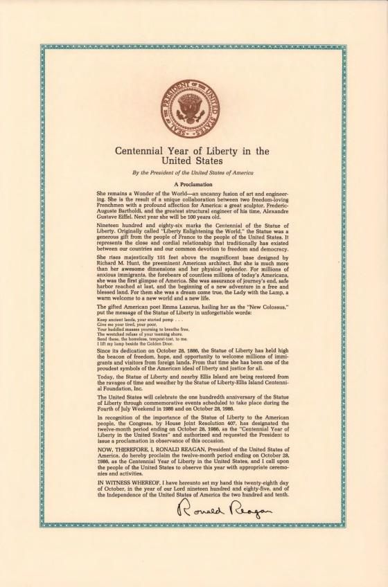 Centennial Year of Liberty in the United States A Proclamation Dated: October 28, 1985 Correspondence, Office of: Records Box 77 (1985) Local ID: RR-108 NAID: 299520537