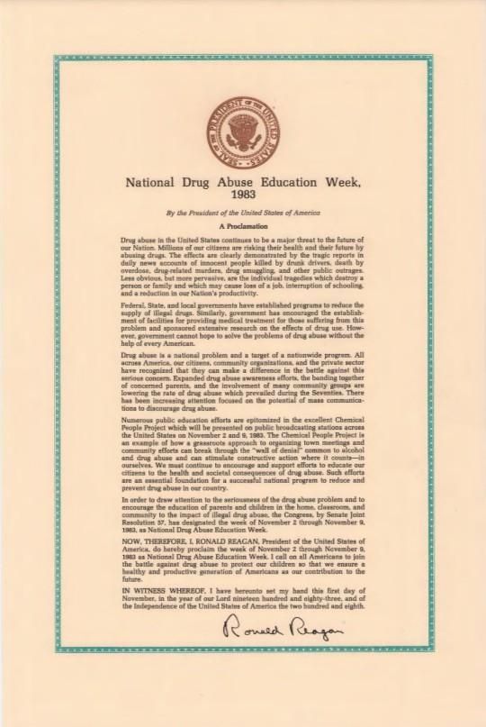 Proclamation 5123 – National Drug Abuse Education Week Correspondence, Office of: Records Box 73 (1983) National Drug Abuse Education Week NAID: 301909414