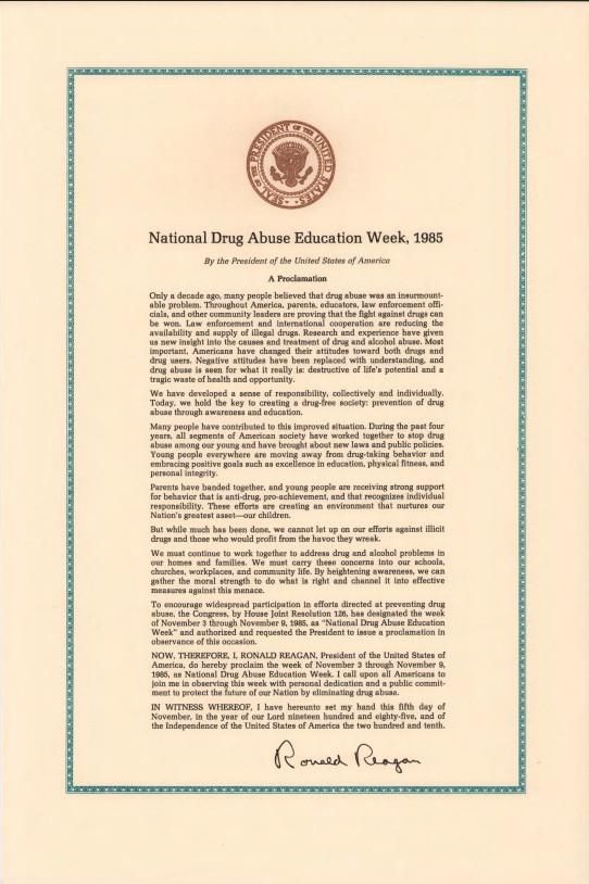 Proclamation 5404 – National Drug Abuse Education Week, 1985 Correspondence, Office of: Records Box 77 (1985) National Drug Abuse Education Week NAID: 302439116