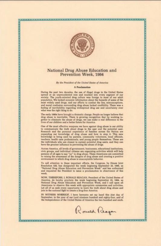 Proclamation 5236 – National Drug Abuse Education and Prevention Week, 1984 Correspondence, Office of: Records Box 75 (1984) National Drug Abuse Education and Prevention Week