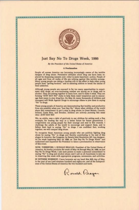 Proclamation 5483 – Just Say No To Drugs Week, 1986 Correspondence, Office of: Records Box 79 (1986) Just Say No To Drugs Week NAID: 311080684
