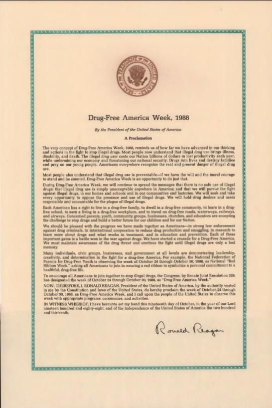 Proclamation 5883 – Drug-Free America Week, 1988 Correspondence, Office of: Records Box 83 (1988) Drug Free America Week NAID: 312278079