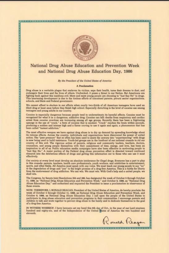 Proclamation 5537 – National Drug Abuse Education and Prevention Week and National Drug Abuse Education Day, 1986 Correspondence, Office of: Records Box 79 (1986) National Drug Abuse Education Week and National Drug Abuse Education Day NAID: 315835544