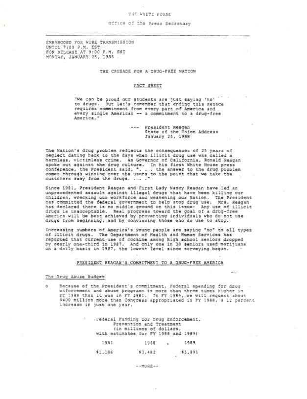 Page 1 of The Crusade for a Drug-Free Nation Fact Sheet 01/25/1988 Correspondence, Office of: Records Box 58 Crusade for a Drug-Free America – Fact Sheet January 1988