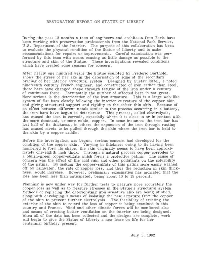 Restoration Report on Statue of Liberty Dated: July 1, 1982 Hudson, Maureen Box 2 Statue of Liberty – Restoration Report