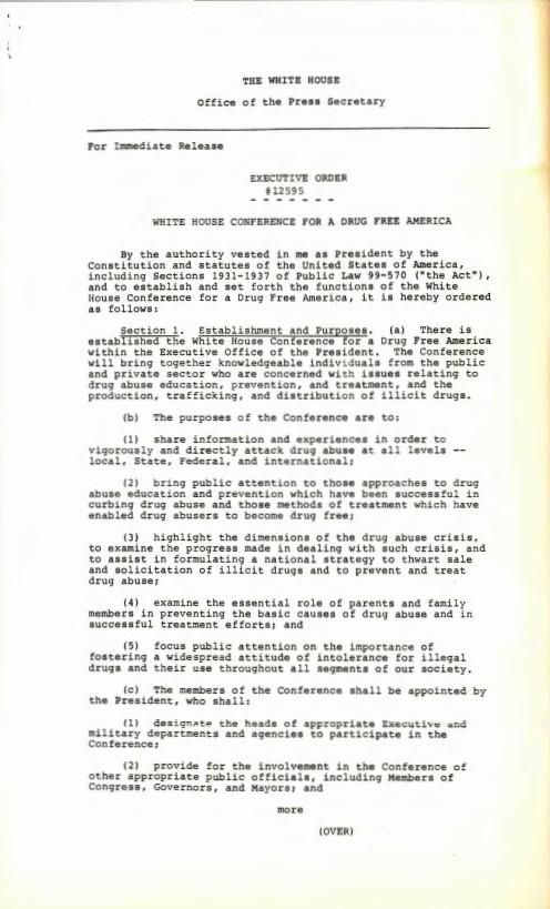 Page 1 of Executive Order #12595 White House Conference for a Drug Free America 05/05/1987 MacDonald, Donald Ian: Files Box 47 Executive Order [White House Conference for a Drug Free America]