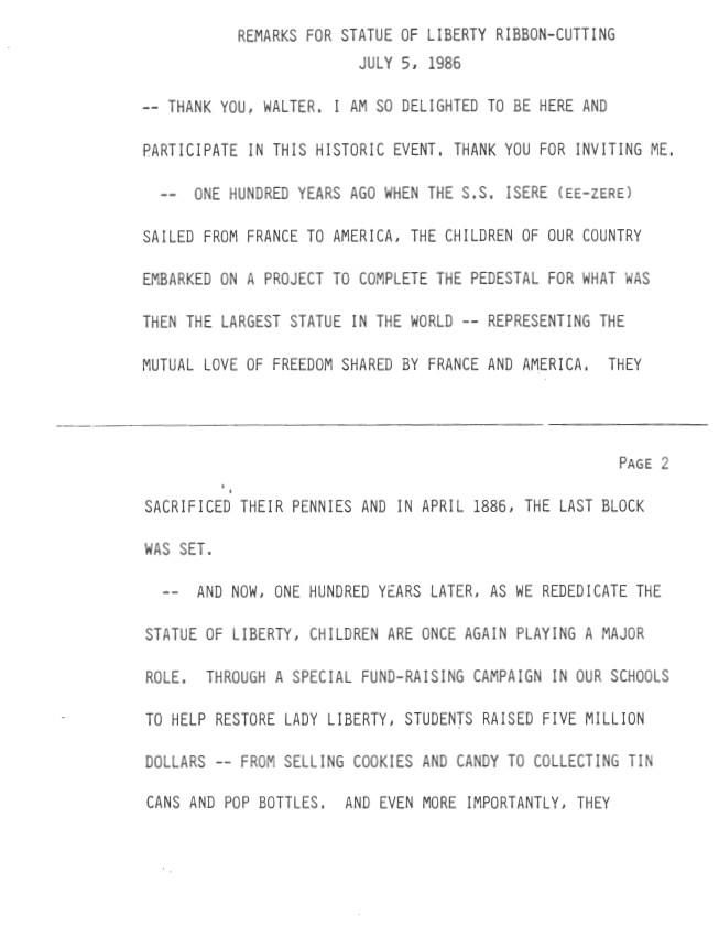 Page 1 and 2, Remarks for Statue of Liberty Ribbon-Cutting July 5, 1986 Speechwriting, Office of: Speech Drafts: Records Box 437 Nancy Reagan: Statue of Liberty Ribbon Cutting – 07/05/1986