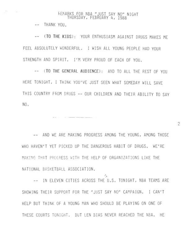 Pages 1 and 2 of Remarks for NBA “Just Say No” Night Thursday, 02/04/1988 Speechwriting, Office of: Speech Drafts: Records Box 438 Nancy Reagan: Remarks for NBA “Just Say No” Night – 02/04/1988