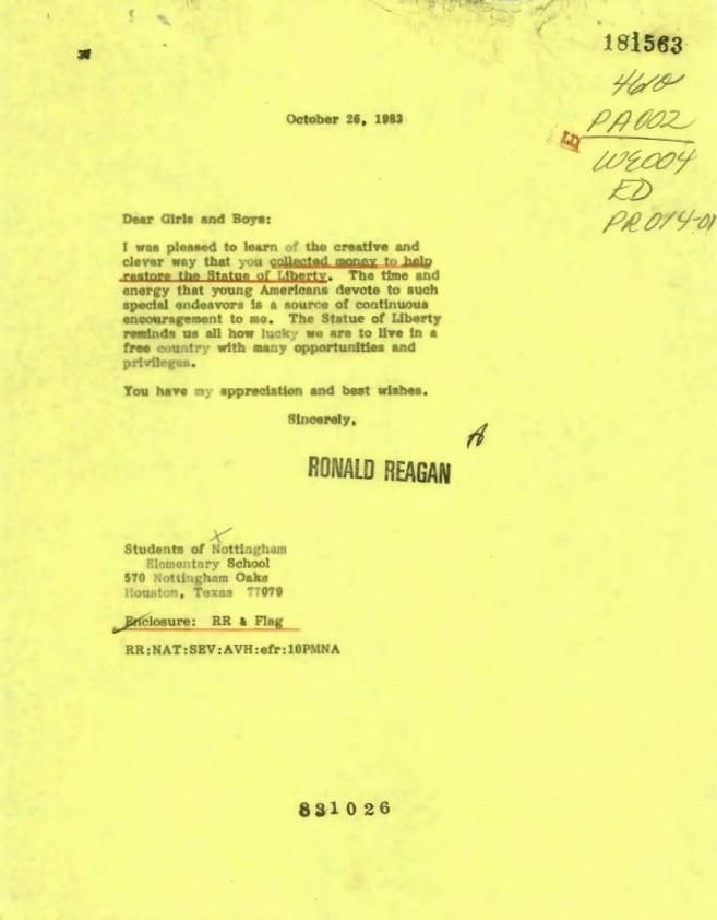Letter, From: Ronald Reagan To: Students of Nottingham Elementary School Dated: October 26, 1983 WHORM Subject File PA002 (Parks – Monuments: Materials – Monuments) Box 4 case file 181563