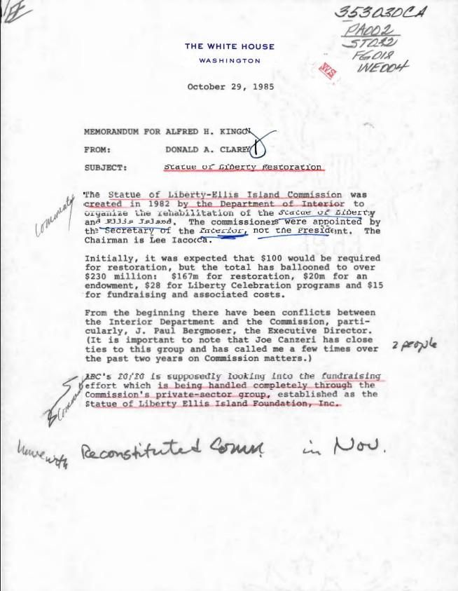 Memorandum for Alfred H. Kingon From: Donald A. Clarey Subject: Statue of Liberty Restoration Dated: October 29, 1985 WHORM Subject File PA002 (Parks – Monuments: Materials – Monuments) Box 6 case file 353030CA