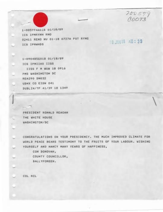 Telegram, From: Con Donovan, County Councillor, Ballyporeen, To: President Ronald Reagan dated 01/18/1989 WHORM Subject File CO073 (Countries: Ireland) case file 700579
