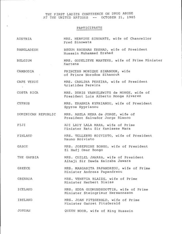 Page 1, The First Ladies Conference on Drug Abuse at the United Nations – October 21, 1985 Participants as of 3 P.M., October 20, 1985 First Lady, Office of the: Press Office: Records OA 13711 #397 Media Advisory – Update on United Nations General Assembly Conference