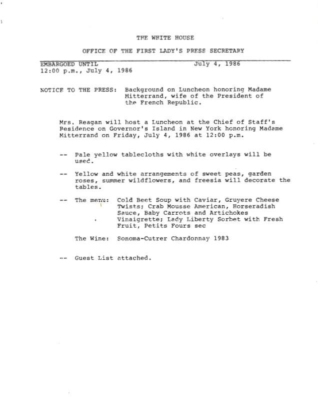Notice to the Press: Background on Luncheon honoring Madame Mitterrand, wife of the President of the French Republic Office of the First Lady’s Press Secretary July 4, 1986 First Lady, Office of the: Press Office: Records OA 14770 "Liberty Weekend" 1986 New York City July 1986 (1 of 2)