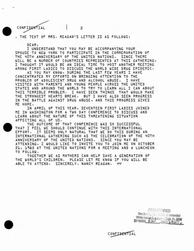 The Text of Mrs. Reagan’s Letter First Lady, Office of the: Projects Office: Records OA 18726 First Ladies Conference on Drug Abuse at the United Nations, 10/21/1985 (2 of 2)