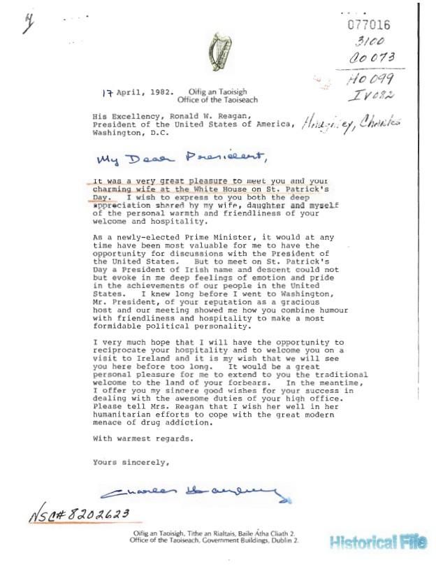Letter, From: Charles Haughey, To: His Excellency, Ronald W. Reagan, dated 04/17/1982, WHORM Subject File CO073 (Countries: Ireland) case file 077016
