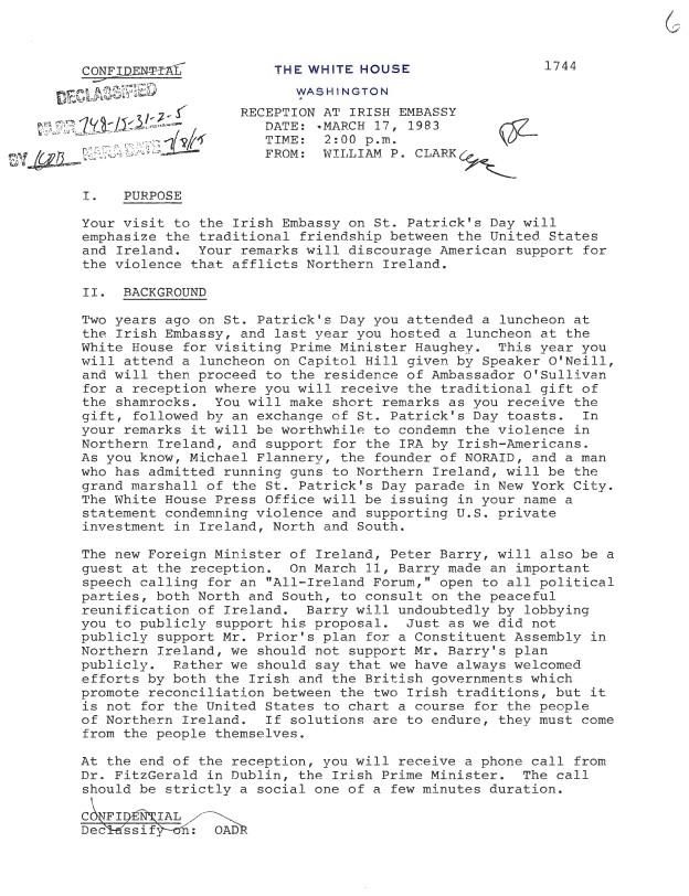 Page 1, Memorandum of Telephone Conversation, Participants: President Ronald Reagan Irish Prime Minister Garrett FitzGerald Irish Ambassador Tadhg O’Sullivan Date, Time and Place: 03/17/1983, 2:25 pm Irish Embassy, Executive Secretariat, NSC: Subject File: Records Box 51 Memorandums of Conversations, President Reagan [02/15/1983-03/31/1983]