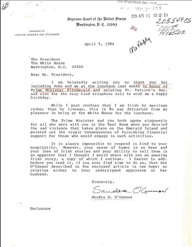Letter, From: Sandra D. O’Connor To: The President, dated 04/05/1984, WHORM Subject File CO073 (Countries: Ireland) case file 205549