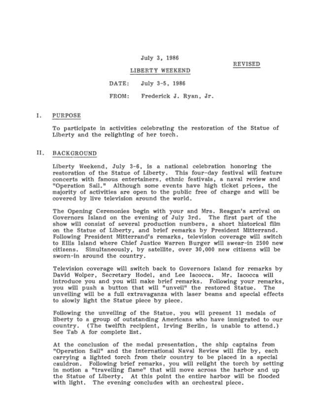 Page 1, Liberty Weekend Date: July 3-5, 1986 From: Frederick J. Ryan, Jr. Revised Dated: July 3, 1986 Kelly, Anne: Files OA 14846 Liberty Weekend
