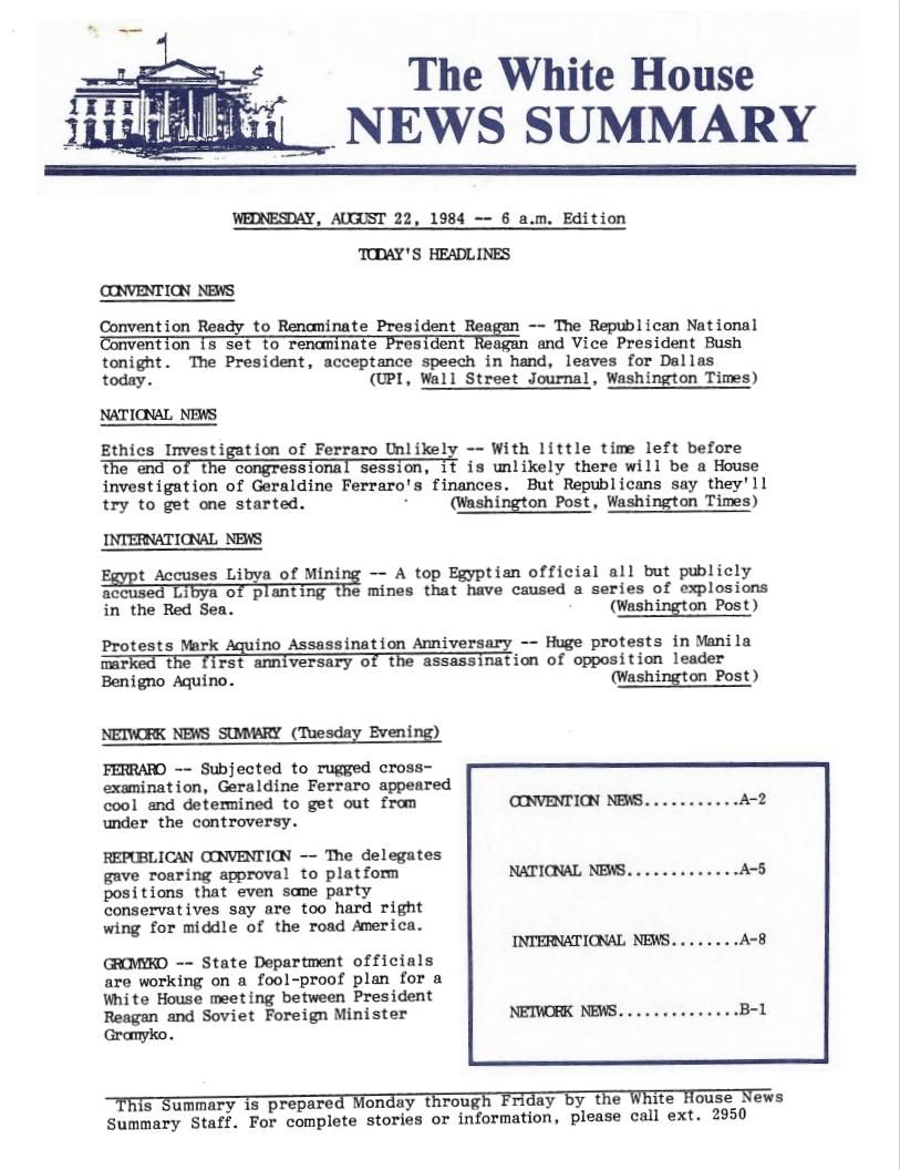 Page 2, "The White House News Summary," 08/22/1984, from from the White House News Summary Office, New Summary Finals, Box 375, Folder Title: 08/22/1984