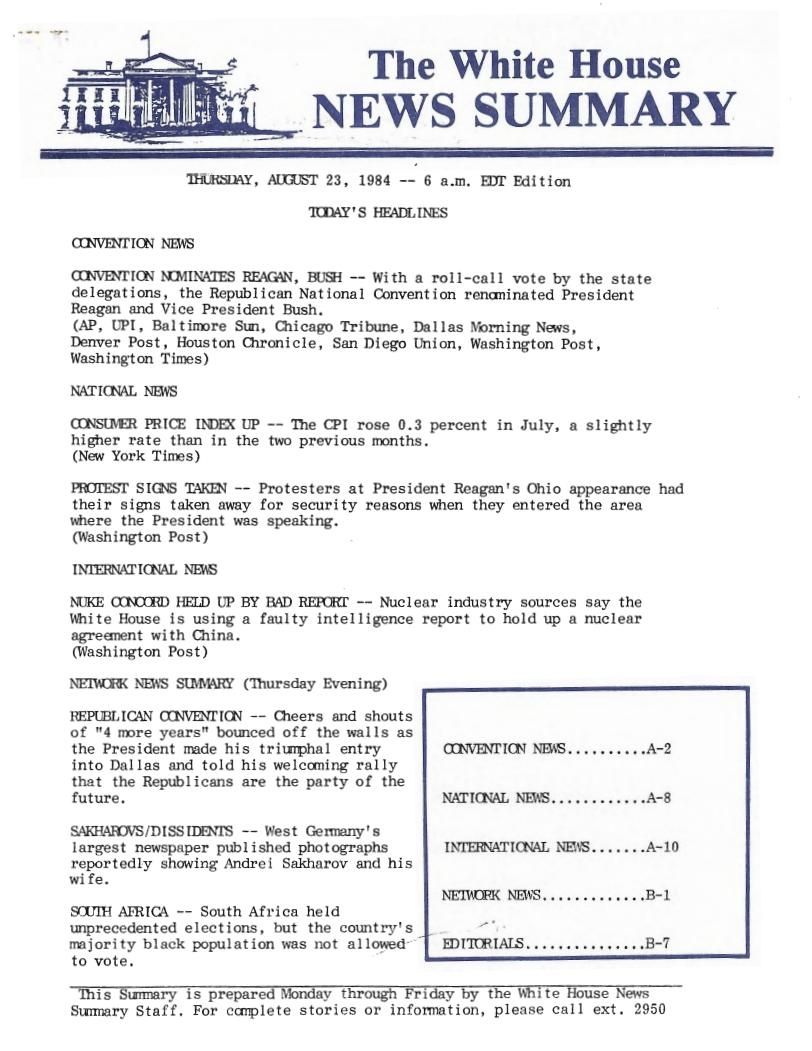  Page 2, "The White House News Summary,"08/23/1984, from the White House News Summary Office, New Summary Finals, Box 375, Folder Title: 08/23/1984