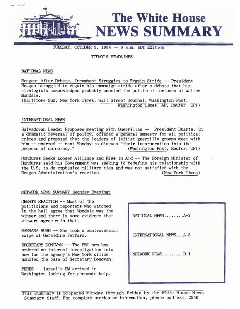  Page 2, "The White House News Summary," 10/09/1984, from the White House News Summary Office, New Summary Finals, Box 376, Folder Title: 10/09/1984