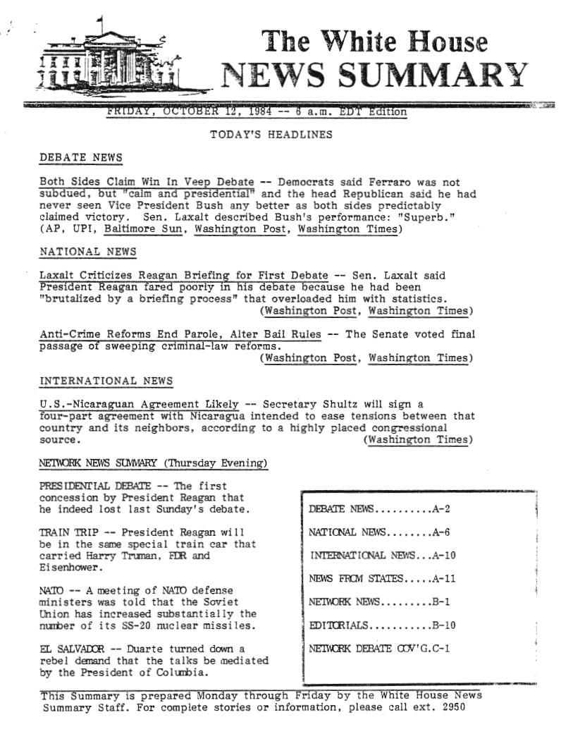 Page 2, "The White House News Summary,"10/12/1984, from the White House News Summary Office, New Summary Finals, Box 376, Folder Title: 10/12/1984