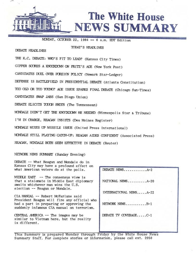 Page 2, "The White House News Summary,"10/22/1984, from the White House News Summary Office, New Summary Finals, Box 376, Folder Title: 10/22/1984