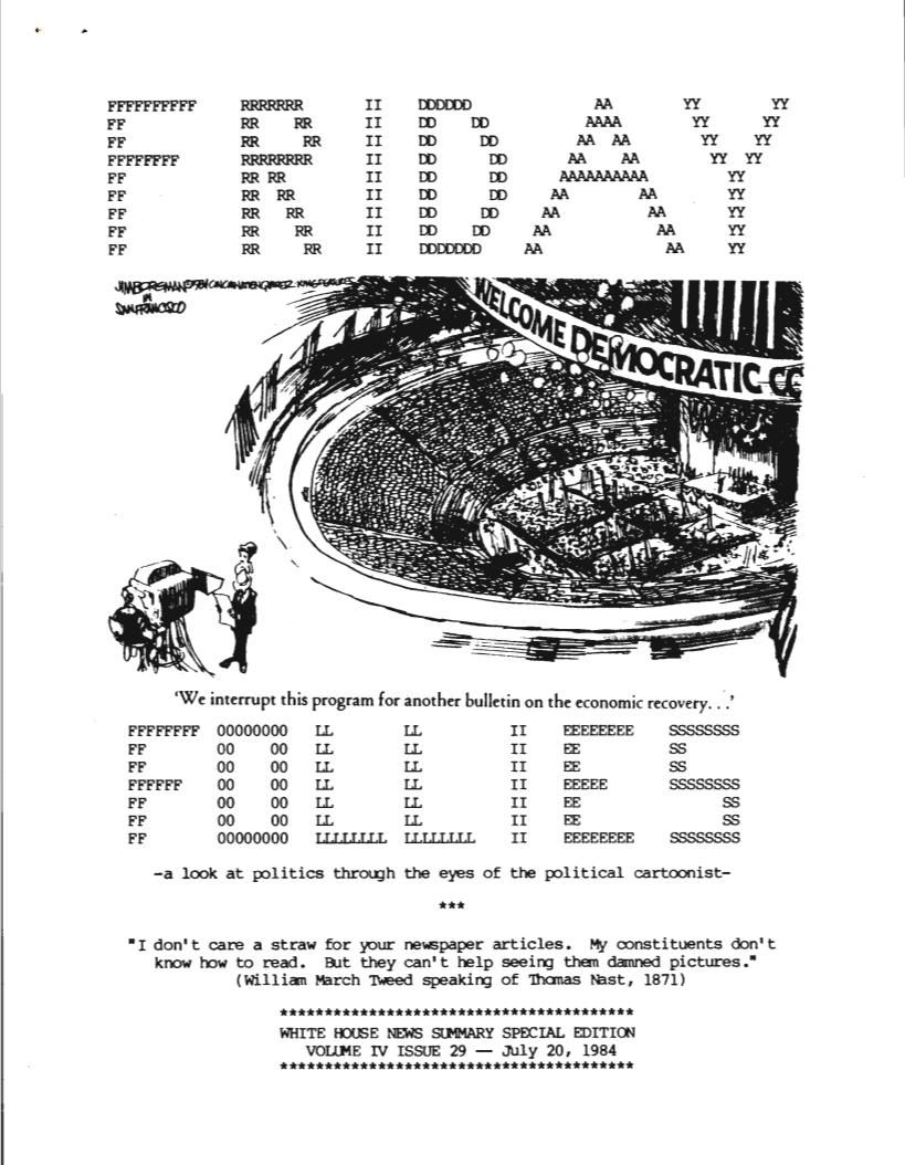 Page 2, Political Cartoon "We Interrupt this program..." from the White House News Summary Office: Friday Follies, Box 36, Folder Title: 07/20/1984 Volume 4 Issues 29