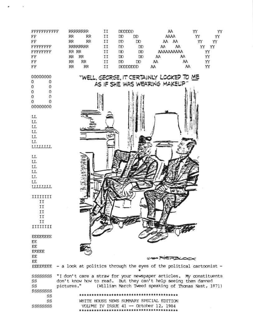 Page 2, Political Cartoon "Well, George, It Certainly Looked to me..." from the White House News Summary Office: Friday Follies, Box 37, Folder Title: 10/12/1984 Volume 4 Issue 41