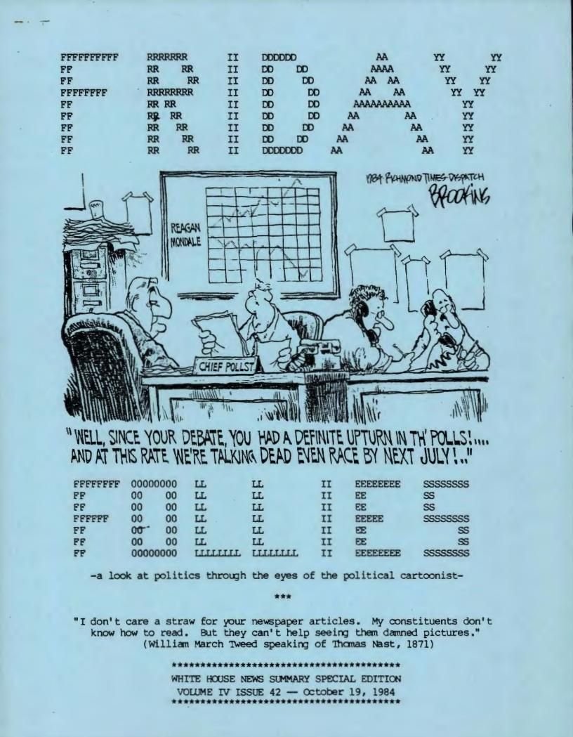  Page 2, Political Cartoon "Well, Since Your Debate..." from the White House News Summary Office: Friday Follies, Box 37, Folder Title: 10/19/1984 Volume 4 Issue 42