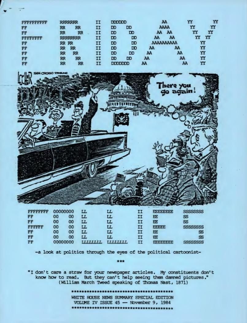 Page 2, Political Cartoon "There you go again!," from the White House News Summary Office: Friday Follies, Box 37, Folder Title: 11/09/1984 Volume IV Issue 45
