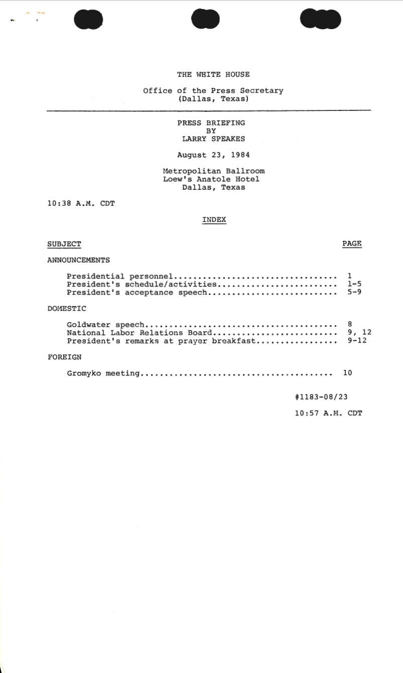 Page 2, "Press Briefing by Larry Speakes" 08/23/1984, from Press Secretary, Office of the: Press Releases and Briefings, Box 30-Press Briefings, Folder Title: 08/23/1984 (#1183)