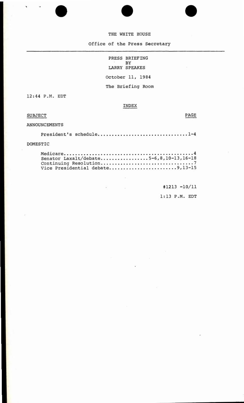 Page 2, "Press Briefing by Larry Speakes" 10/11/1984, from Press Secretary, Office of the: Press Releases and Briefings, Box 31-Press Briefings, Folder Title: 10/11/1984 (#1213)