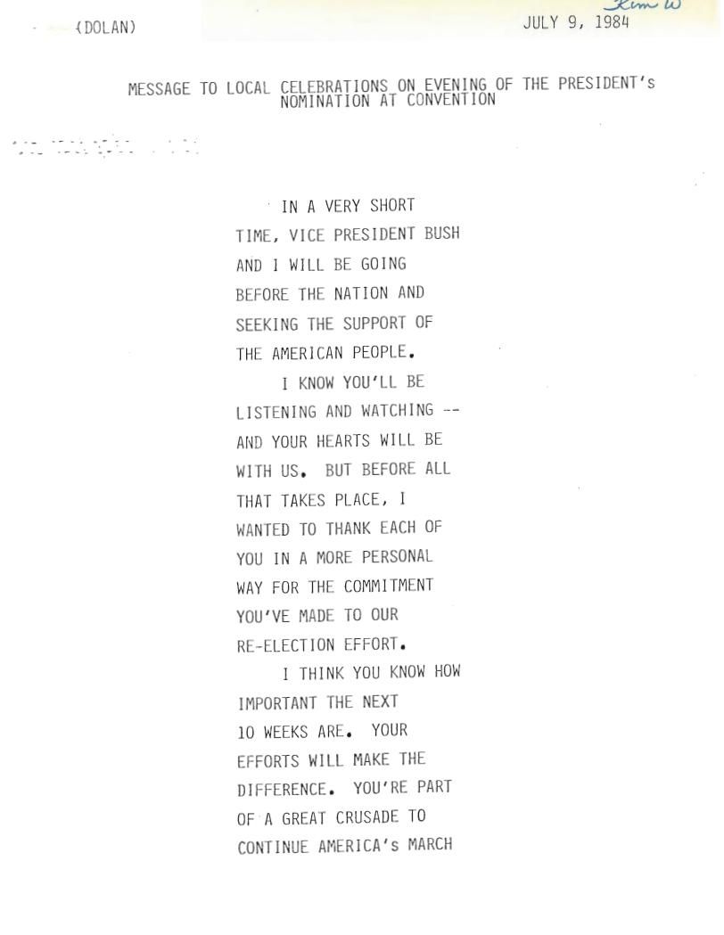 Page 2, Speech Card "Message to Local Celebrations on Evening of the President's Nomination at Convention," 07/09/1984, from Speechwriting, Office of: Research Office, Box 169, Folder Title: 07/09/1984 Taping: Message to Local Celebrations on Evening of Convention Nomination 