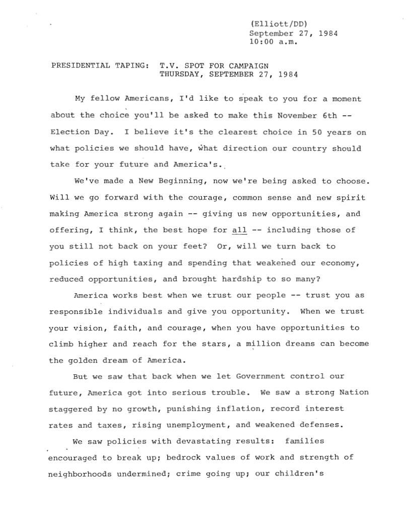 Page 2, "Presidential Taping: T.V. Spot for Campaign" 09/27/1984, from Speechwriting, Office of: Research Office, Box 181, Folder Title: 09/27/1984 Taping: Campaign Spot