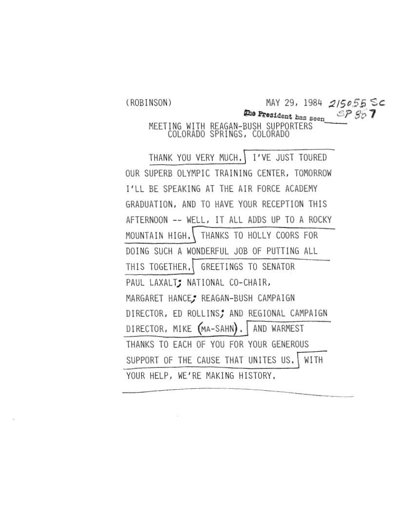 Page 2, Copy of Speech Card "Meeting with Reagan-Bush Supporters" 05/29/1984, from Presidential Handwriting File: Speeches, Box 14, Folder Title:  Folder 288 (05/29/1984-05/31/1984) 