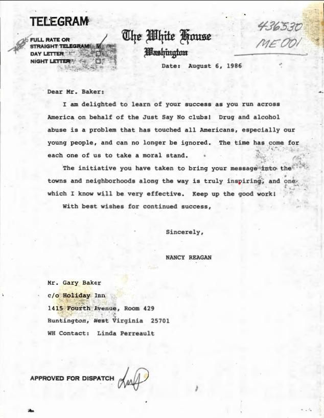 Telegram, From: Nancy Reagan To: Mr. Gary Baker dated 08/06/1986 case file 436530 ME001 (Messages: Messages, Presidential) WHORM Subject File
