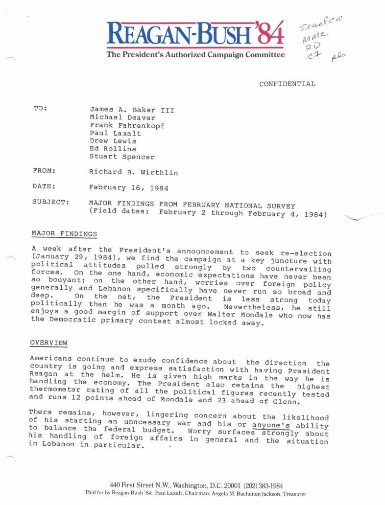 Page 31, Memo from Richard Wirthlin to James Baker III et al. on "Major Findings from February National Survey," From Deaver, Michael: Files (Office of Deputy Chief of Staff), Box 67, Folder Title: Campaign 1984 (4)