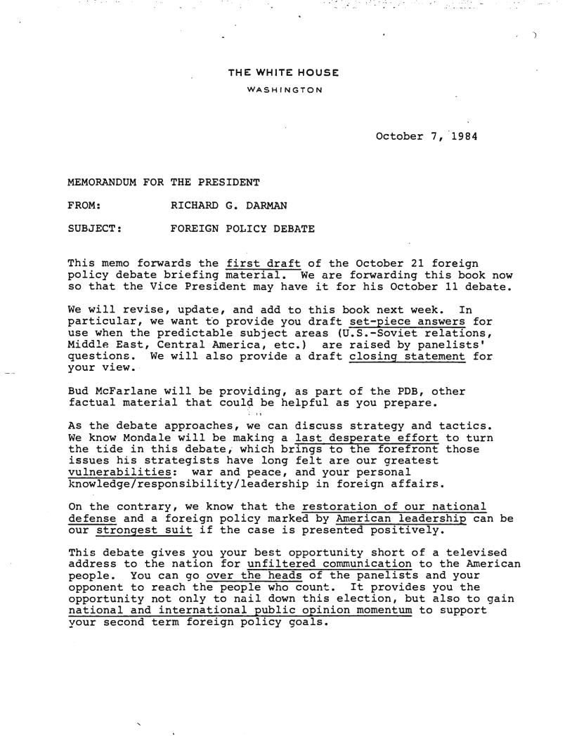 Page 30, Memo from Richard Darman to the President re: "Foreign Policy Debate" from McFarlane, Robert C. (Bud): Files (National Security Affairs), RAC Box 1, Folder Title: Debate Materials October 1984 (2)