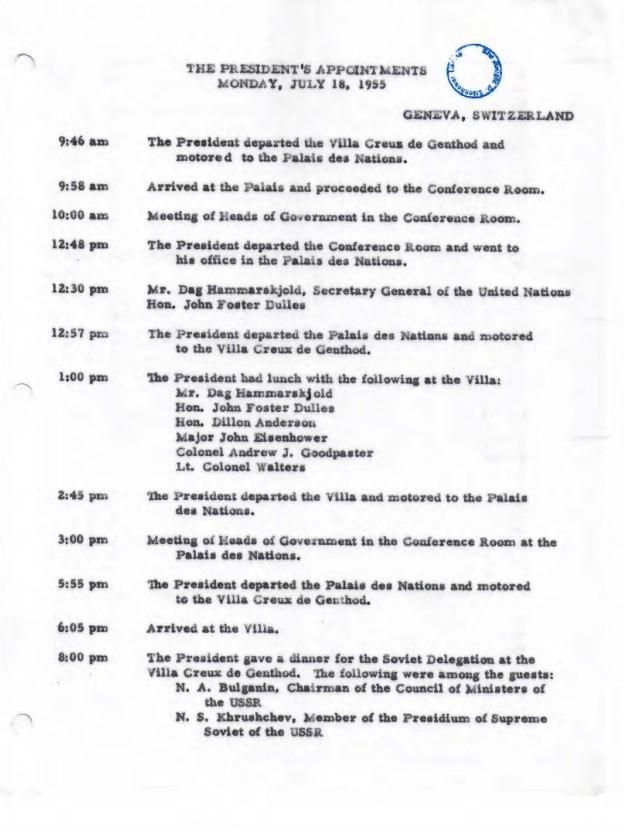 Page 1, The President’s Appointments Monday, July 18, 1955 The President’s Daily Appointments for July 1955-December 1955 Daily Appointments Schedules 1953-1961 Records of the Office of the President (Eisenhower Administration) 1953-1961 Dwight D. Eisenhower Presidential Library NAID: 441095276