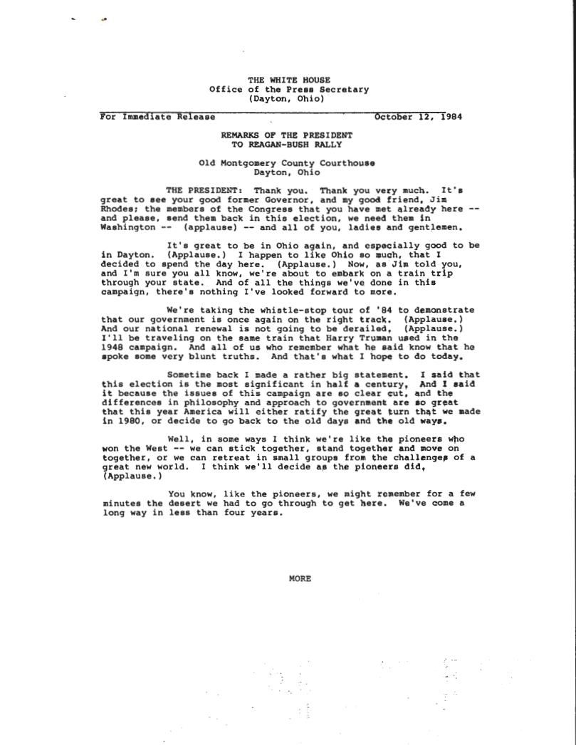 Page 37, Memo from Don Clarey to Steve Studdert re: "President's Truman's Whistle Stop Campaign, " from Clary, Donald Files (Office Cabinet Affairs), Box OA 14307, Folder Title: Whistle Stop 10/12/1984 (1)