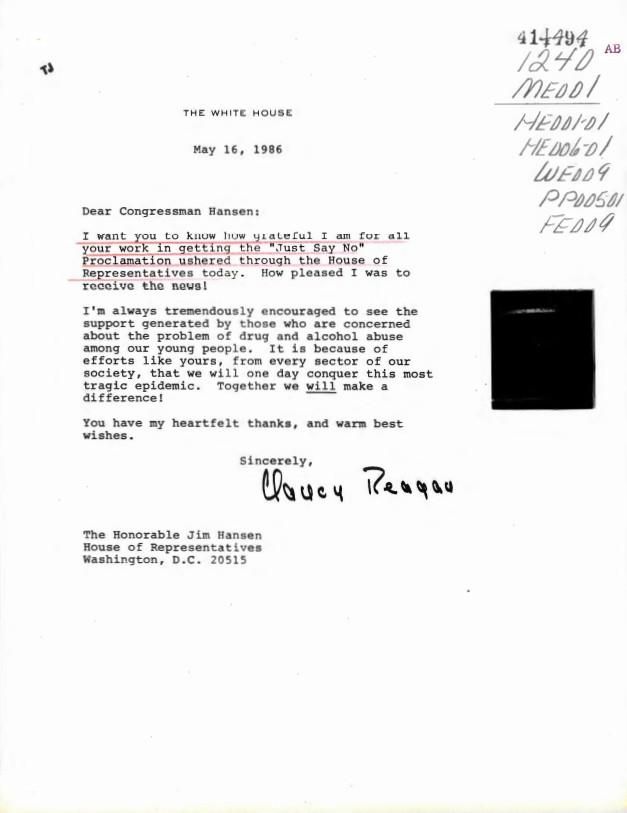 Letter, From: Nancy Reagan To: The Honorable Jim Hansen dated 05/16/1986 case file 414494 ME001 (Messages: Messages, Presidential) WHORM Subject File
