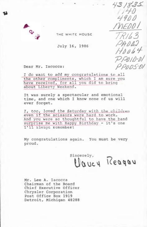 Letter, From: Nancy Reagan To: Mr. Lee A. Iacocca Dated: July 16, 1986 WHORM Subject File ME001 (Messages: Messages, Presidential) Box 147 case file 431835