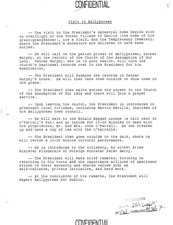 Visit to Ballyporeen, Executive Secretariat, NSC: Subject File: Records Box 114 Trip, Presidential-Europe, Normandy, Ireland (Vice President Briefing Book) (06/01/1984-06/10/1984) (1 of 5)
