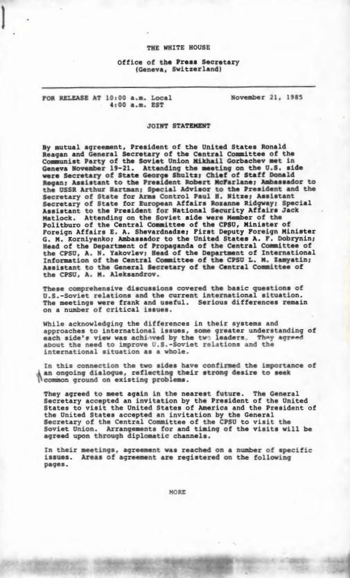Page 1, Joint Statement November 21,1985 The White House Office of the Press Secretary (Geneva, Switzerland) For Release at 10:00 a.m. Local 4:00 a.m. EST Linhard, Robert E.: Files RAC Box 7 Geneva Summit Records 11/19/1985-11/21/1985 (1 of 4)