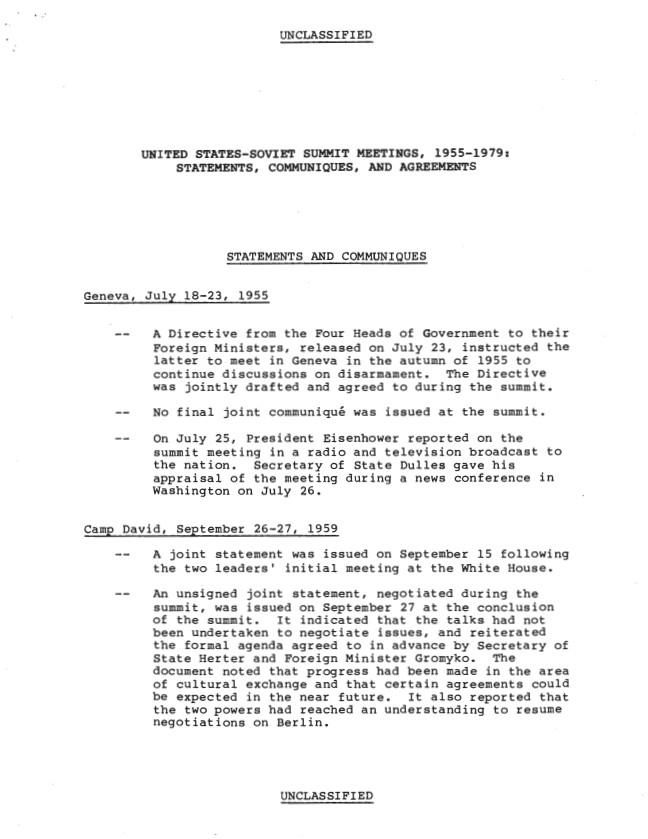 Page 1, Historical Research Memorandum No. 1473 United States-Soviet Summit Meetings, 1955-1979: Statements, Communiques, and Agreements November 1985 Matlock, Jack, Jr.: Files Box 48 H.2 US-USSR Summit Meetings 1955-1979 NAID: 210839503