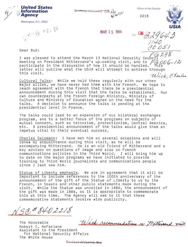 Page 1, Letter, From: Charles Z. Wick To: The Honorable Robert C. McFarlane Stamped March 15, 1984 WHORM Subject File CO051 (Countries: France) Box 73 case file 229643